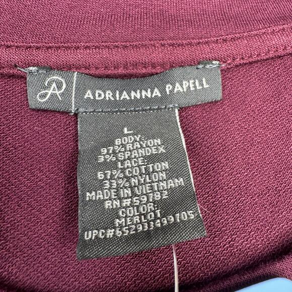 Adrianna Papell Lace Overlay Crew Neck Long Sleeve Top in Merlot Women's Large - Picture 14 of 15